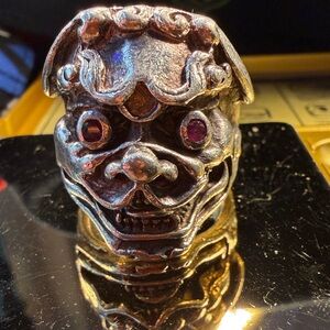 Silver Lion Head Ring with Red Accents